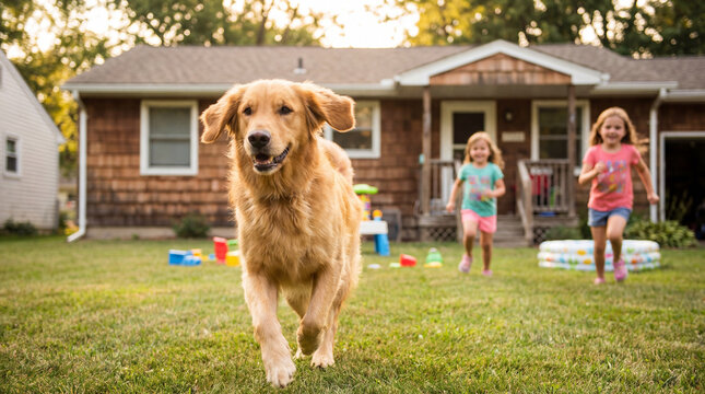 A golden retriever running toward the camera in a joyful backyard scene.