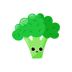 Cute broccoli isolated on white background. Vegetables . Groovy style. Childish characters.Design elements for kids materials,books, healthy food, posters,  and farm posters. Vector illustration.