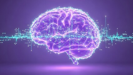 Brain Activity Visualization with Neural Network and Electrocardiogram Display in Artificial Intelligence and Healthcare Concept with Violet and Blue Colors for Medical Technology