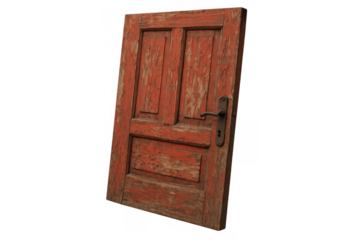 Old wooden door featuring distressed red paint and antique metal handle, depicting rustic decay, isolated on transparent background