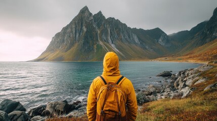 A lone hiker stands facing a dramatic coastline dressed in a yellow rain jacket. The rocky shoreline and steep mountains create a stunning backdrop under cloudy skies.