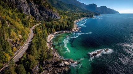 A winding road hugs the coastline surrounded by dense green forests and rugged cliffs. The clear blue water sparkles under the sun creating a stunning natural landscape.
