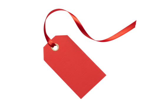 Bold red tag with elegant ribbon, perfect for vibrant product promotions, holiday sales, and eye-catching gift presentations, conveying festive cheer