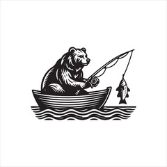 Charming black and white bear fishing in a boat logo vector illustrations, a vintage outdoor recreation design concept for nature lovers