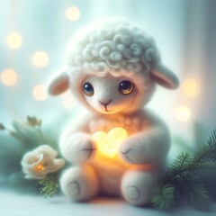 Cute Fantasy Lamb Holding Glowing Heart in Dreamy Winter Scene