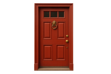 Red wooden door with lion head door knocker, classic american home entrance, welcoming portal isolated on transparent background