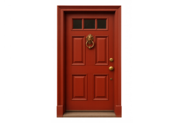 Red wooden door with lion head door knocker, classic american home entrance, welcoming portal isolated on transparent background