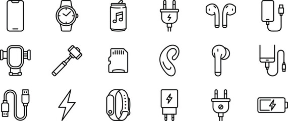 Collection of modern line-style electronic device, gadget accessory, charging equipment, and wearable technology icons designed for digital applications, mobile interfaces, and tech illustrations