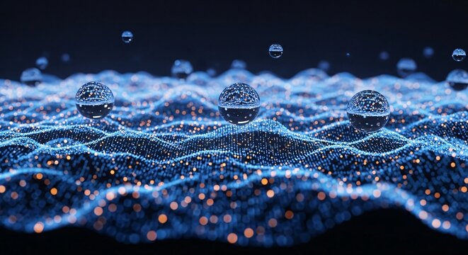 Abstract digital spheres floating above textured surface visualization