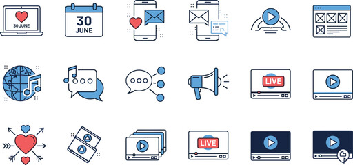 Minimal digital communication and social media icon set featuring messaging, live streaming, notifications, multimedia sharing, global connectivity, website interface and marketing symbols.