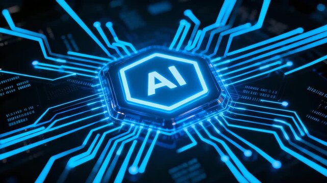Neon circuitry lights up as the central AI core pulses brightly, sending fast electric waves across the surface, highlighting advanced technology, digital systems, innovation and modern computing