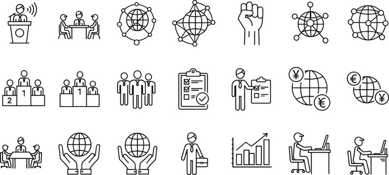 Business leadership, teamwork collaboration, global network communication, financial growth icons, professional office work and management symbol set for modern corporate design