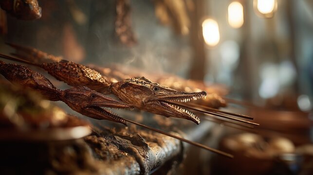 Grilled crocodile skewers are artfully arranged, showcasing the unique culinary presentation of crocodile meat. The crocodile heads on the skewers highlight the distinctive dish on