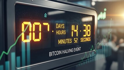 Bitcoin Halving Event Countdown Display with Financial Chart Overlay.