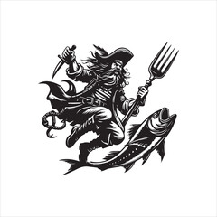 Dynamic pirate captain riding a fish with a giant fork, a fun seafood mascot logo, vector, illustrations design concept 89.eps