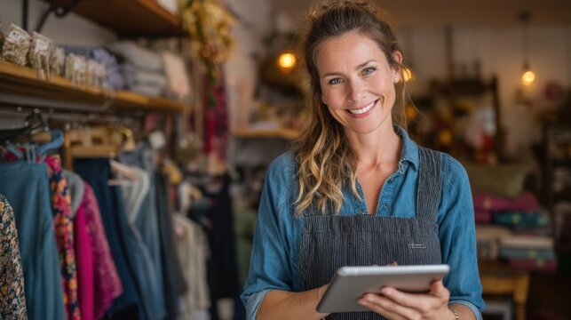 A woman stands in a charming boutique happily using a tablet. The shop is decorated with colorful clothing and various accessories creating a warm and inviting atmosphere.