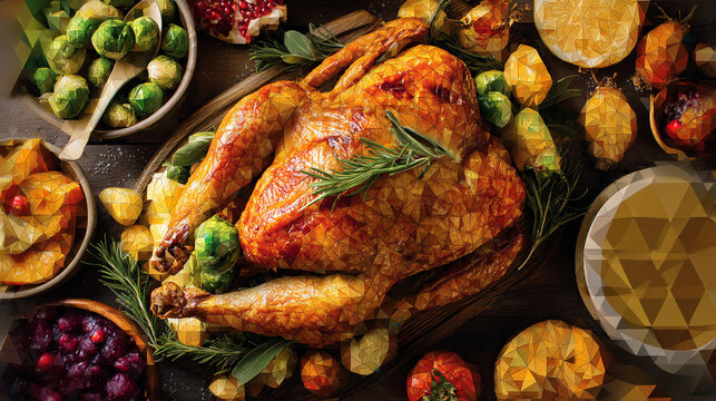 A festive thanksgiving feast featuring a roasted turkey and various side dishes - Powered by Adobe