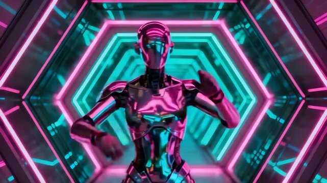A glossy neon robot dances in a glowing tunnel as vibrant light patterns ripple across its chrome body and hexagonal rings pulse in sync, creating a futuristic energetic scene perfect for AI, tech