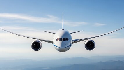 Boeing 787 Dreamliner soars through the sky on a clear day.