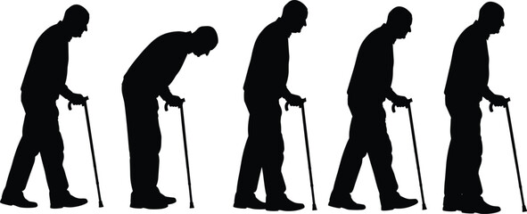 Obraz premium Silhouettes of elderly man walking with cane showing aging mobility, senior support, physical decline, health assistance, independence, and daily movement challenges