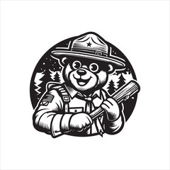 Whimsical woodland guardian bear character logo vector illustration, ideal for nature conservation and outdoor themes