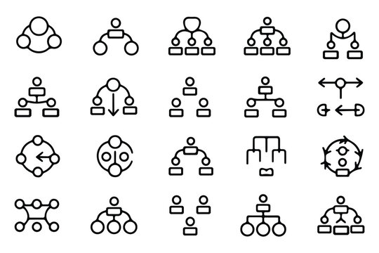Minimal line business teamwork and organizational structure outline icon set, Clean minimal outline icons representing teamwork, hierarchy, workflow, and business structure - Powered by Adobe