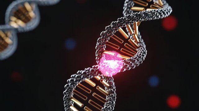 Closeup of a glowing, metallic double helix dna structure representing genetic code, heredity, and molecular biology science in a dark abstract setting