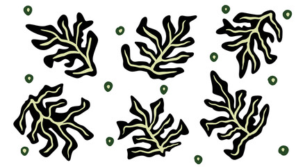 Illustrated pattern of stylized black algae or seaweed with yellow veins and green bubbles on a white background - transparent png
