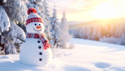 A smiling snowman with top hat and plaid scarf standing in snowy landscape at sunrise with glowing light.