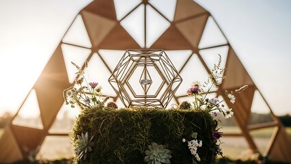 Engagement ring displayed in geometric holder with floral moss base and dome
