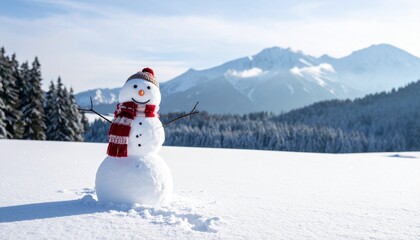 A smiling snowman with top hat and plaid scarf standing in snowy landscape at sunrise with glowing light.
