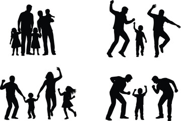 Silhouettes of families dancing, playing and enjoying time together, joyful parent-child interaction for celebrations, family moments, happiness, lifestyle and illustration projects