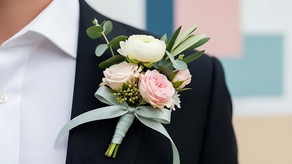 Close up of a groom's boutonniere with pink and white roses on a black suit