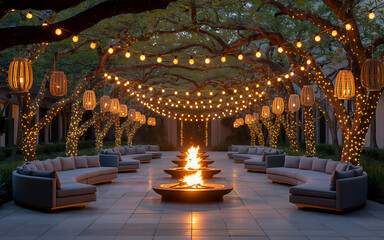 Fototapeta premium Outdoor patio with string lights and fire pits image