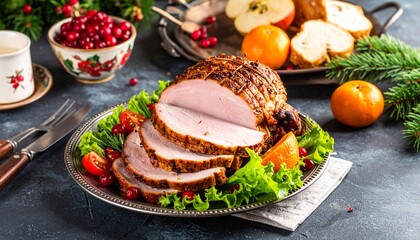 A roasted ham garnished with rosemary and berries on a platter surrounded by holiday decorations on rustic table.