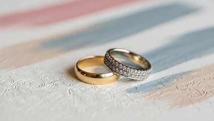 Close up shot of a gold band and a diamond ring on an ornate white surface