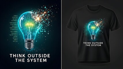 Innovative lightbulb shattering exposing digital circuit board and binary code powerful technology art