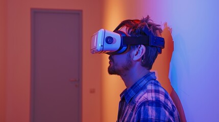 User engaged in immersive 3d experience with futuristic virtual reality headset and neon glow
