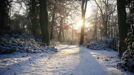 Tranquil winter pathway through snowy forest with sunlight streaming through the trees