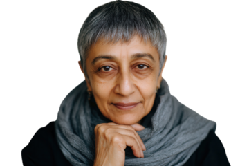 Elderly woman smiling with hand on chin isolated on background.