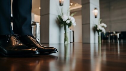 A pair of shiny leather shoes on a polished floor in a modern interior space