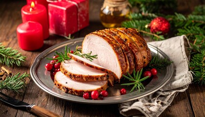 A roasted ham garnished with rosemary and berries on a platter surrounded by holiday decorations on rustic table.