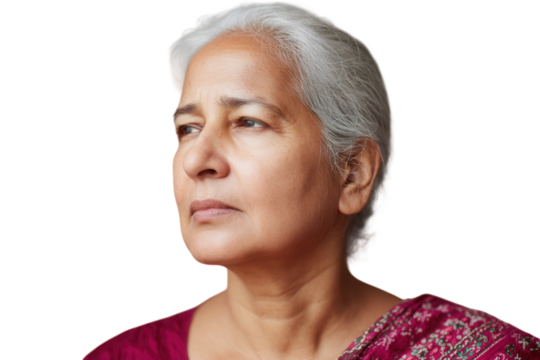 Elderly Indian woman with white hair showing subtle sadness.