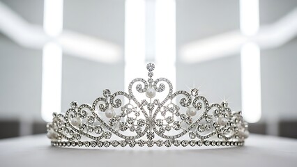 Close up of a silver tiara with pearls and rhinestones on a white surface