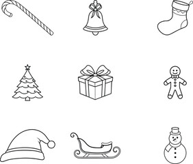 Christmas Line Art Vector Icon Set – Minimal Holiday Outline Symbols for Winter Festive Design and Seasonal Decoration