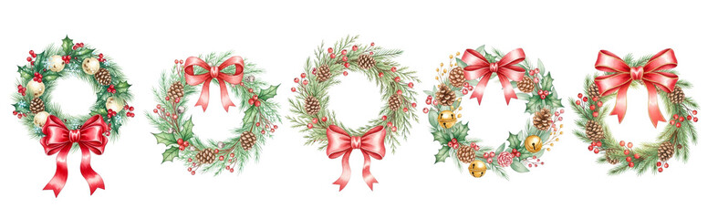 Set of Festive Christmas Wreaths with Decorative Bows and Holiday Elements