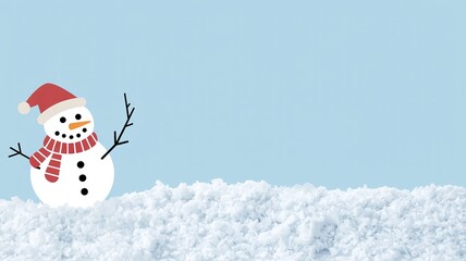 Simple Illustration of Snowman Wearing Santa Hat: Christmas Greeting Card, Winter Holiday Sales, and Festive Copy Space