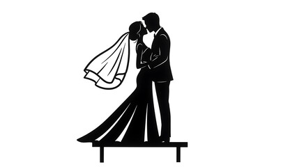 Silhouette of a bride and groom embracing on a platform for cake topper use