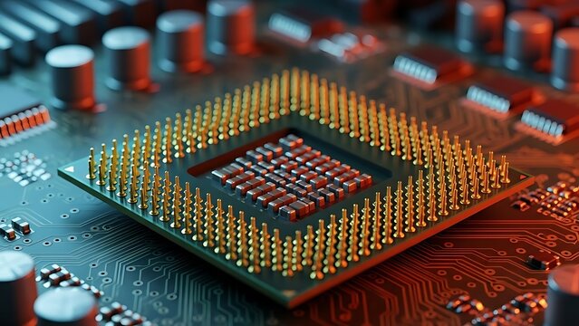 Close Up of a CPU Processor with Golden Pins and Detailed Circuit Board Patterns Symbolizing Technological Advancement and Modern Computing Power for Business and Innovation