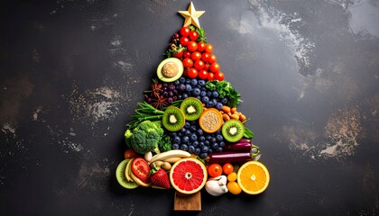 A Christmas tree made of colorful fruits and vegetables on dark textured background with festive lighting.